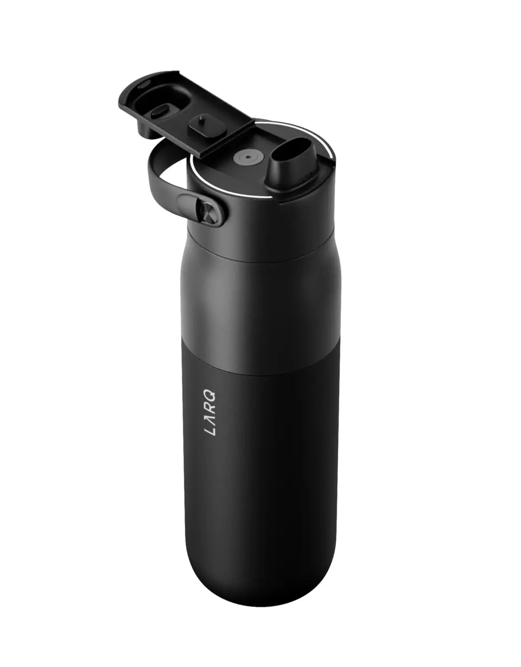 Black water bottle product render with flip lid, carry loop, spout, and logo on a white background