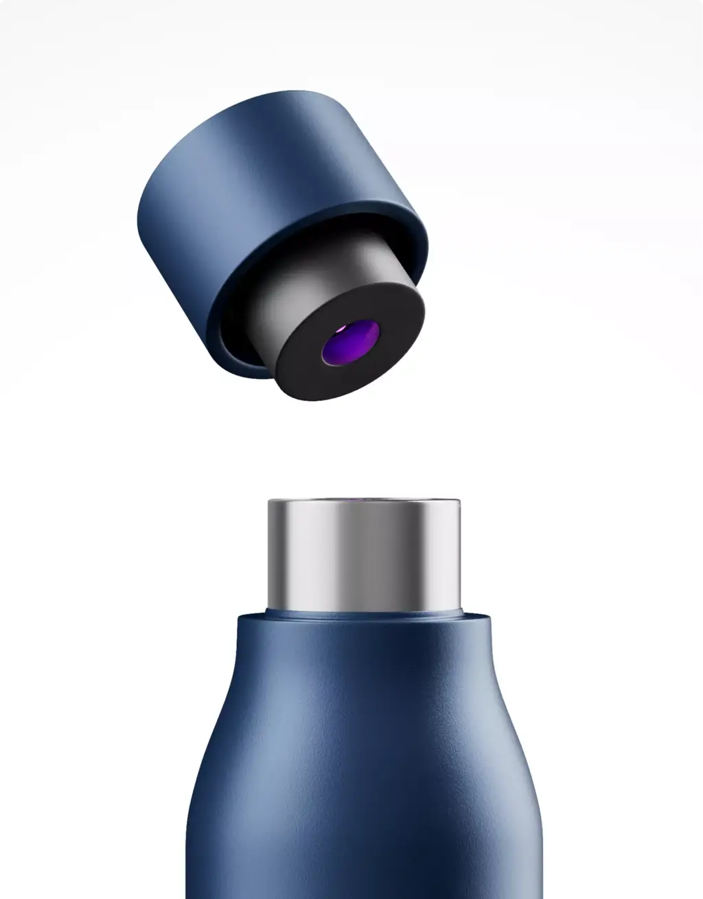 Blue bottle product render with floating cap, silver neck, and purple inner detail on a white background