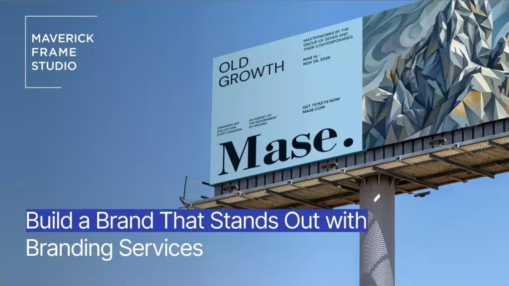 Branding promo billboard with Mase art exhibition, mountain artwork, and service text against blue sky