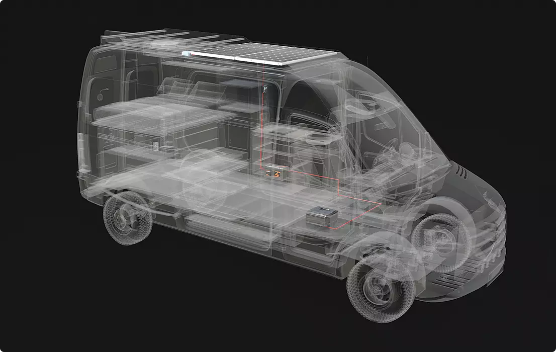 Car design transparent cutaway of camper van showing interior layout, wheels, roof rack, and wiring