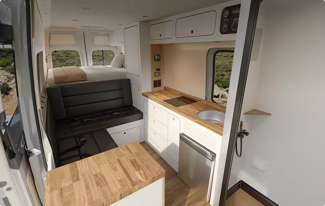 Car design interior of camper van with bed, bench seat, wood counters, sink, cabinets, and shower