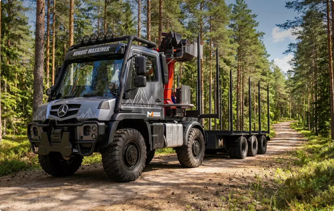 Car design render of a forestry truck with crane by Maverick Frame Studio