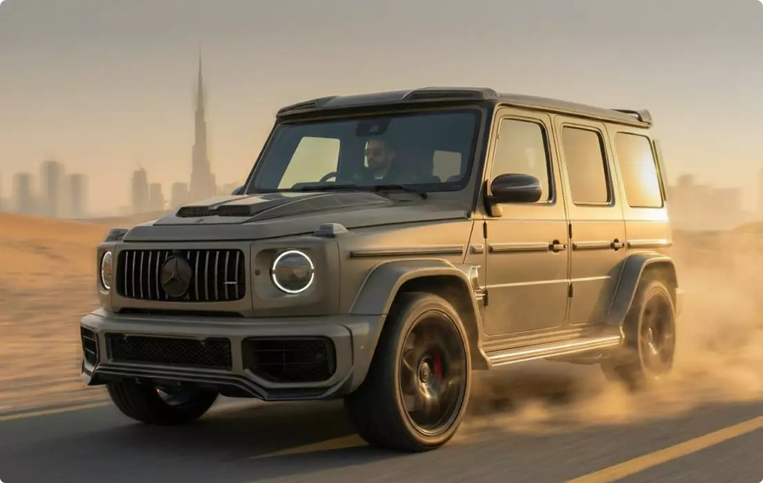 Car design view of luxury SUV driving through desert dust with skyline in the background