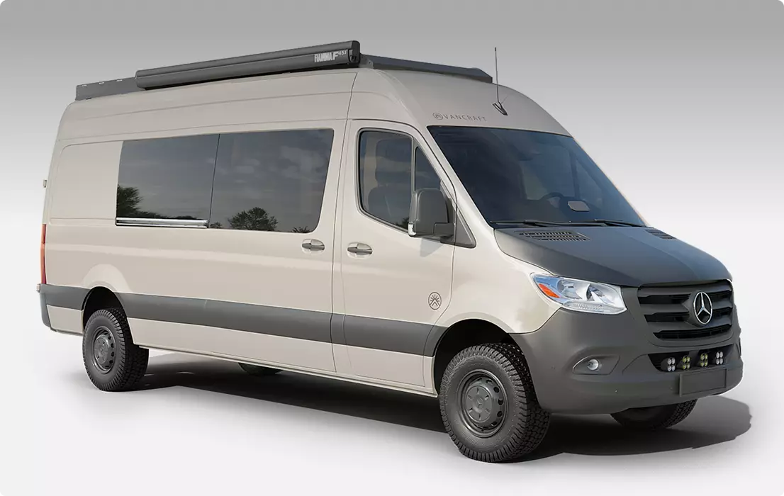 Car design side view of white camper van with roof awning, black trim, and large side window