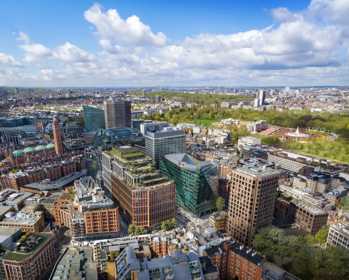 Large city district aerial, 3D rendering company USA, modern blocks, roads and green park