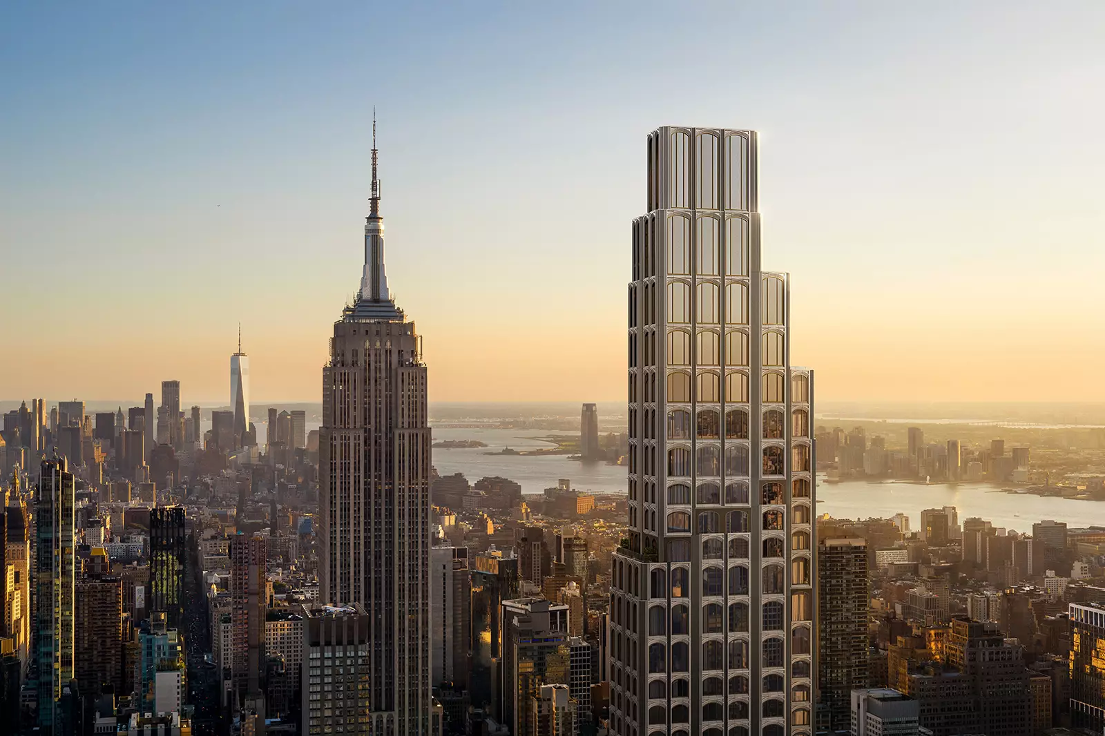 Best 3D Rendering Companies in the USA for Architectural Visualization & Real Estate in 2026 City skyline with tall towers, 3D rendering company USA, sunset light and dense buildings