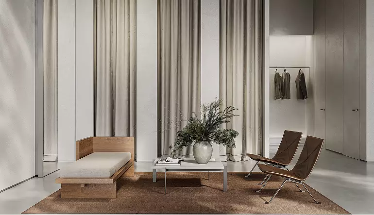 Clothing store 3D rendering with lounge area, sofa, chairs, curtain backdrop, and neutral interior design
