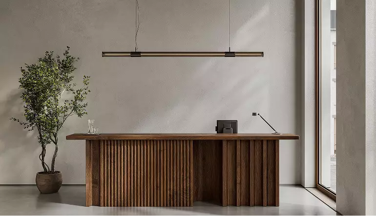 Clothing store 3D rendering with wooden reception desk, plant, and minimalist interior with hanging light