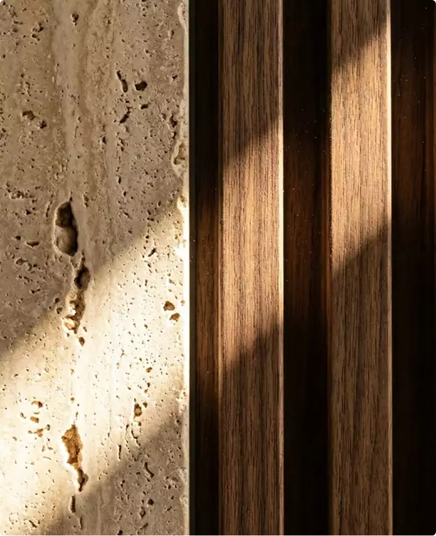 Clothing store 3D rendering with stone and wood wall detail, vertical panels, and warm light shadows