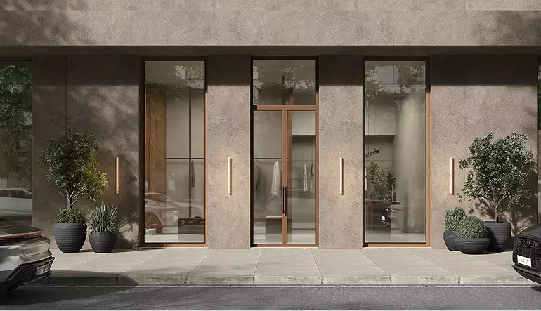 Clothing store 3D rendering exterior with glass doors, stone facade, and potted plants along storefront