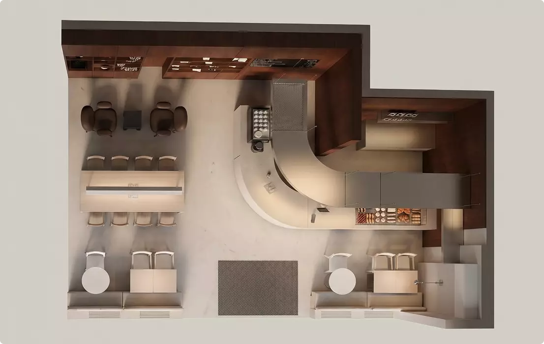 Commercial 3D rendering top view cafe layout with curved counter, seating areas, tables, functional plan