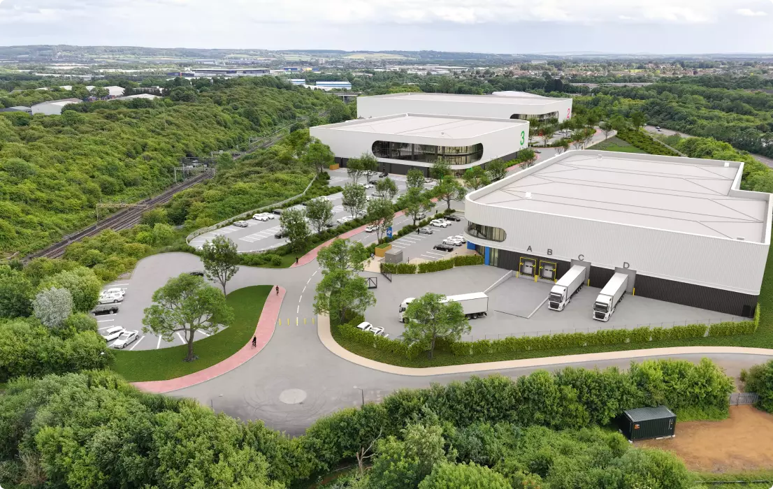 Commercial 3D rendering of logistics park with warehouses, loading docks, trucks, roads and green landscape