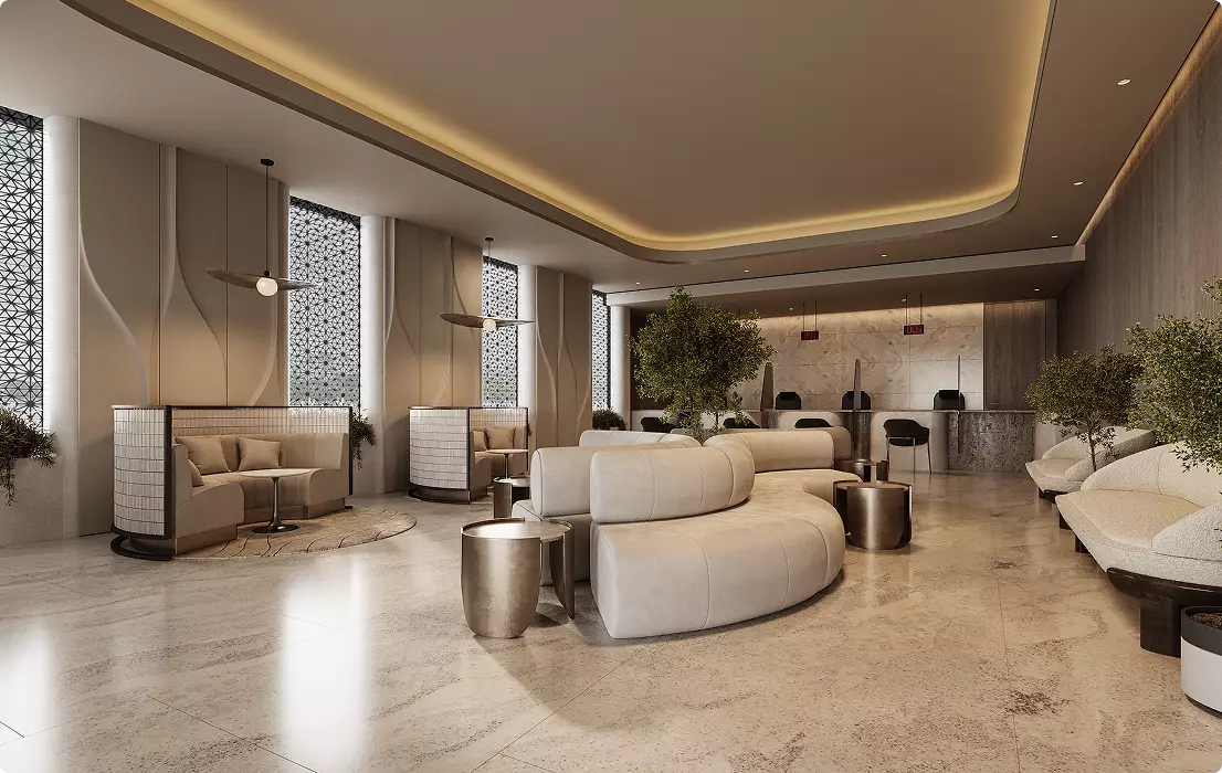 Commercial 3D rendering of modern lobby with curved sofas, marble floor, reception desk, warm lighting