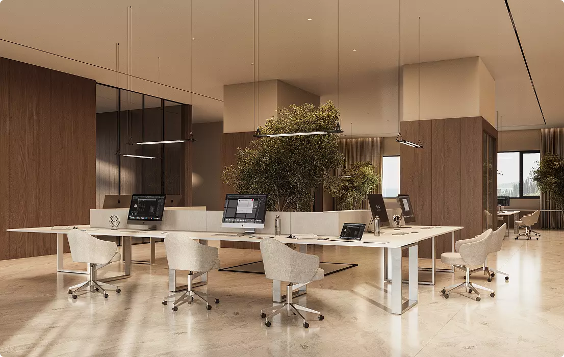 Commercial 3D rendering open office interior with desks, computers, chairs, wood panels, indoor plants