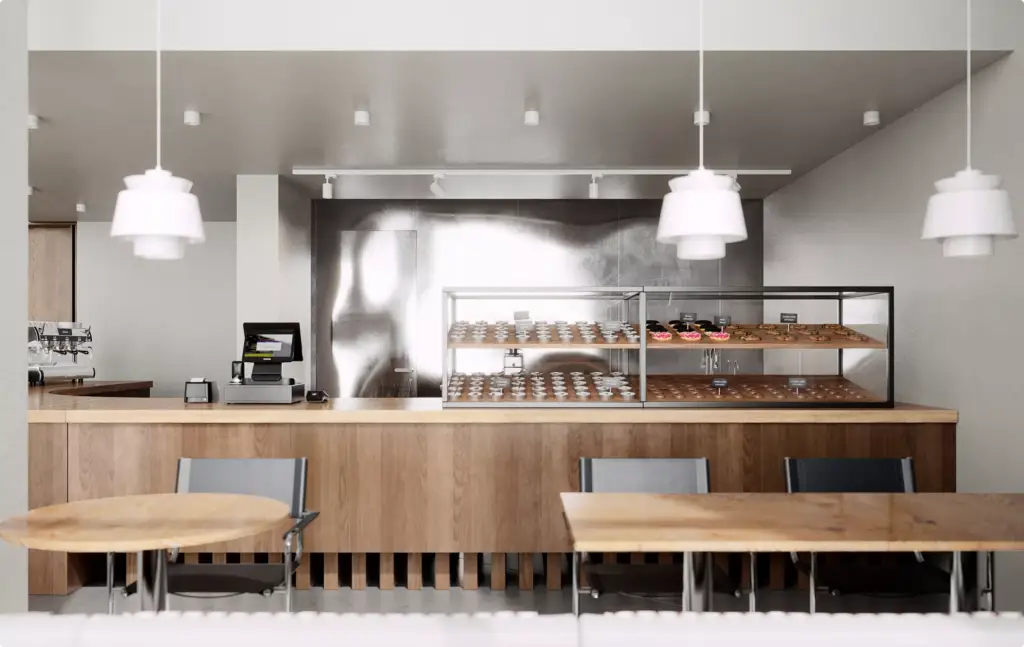 Commercial 3D rendering portfolio of a modern bakery counter with wood cabinetry and pendant lights
