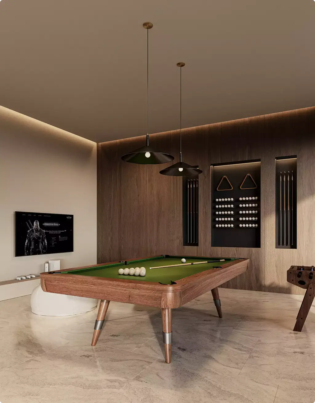 Commercial 3D rendering portfolio featuring a luxury billiards room with wood paneling and pendant lights
