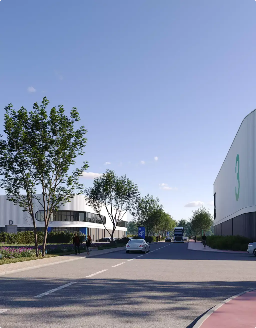 Commercial 3D rendering portfolio showing an industrial business park street with modern warehouses