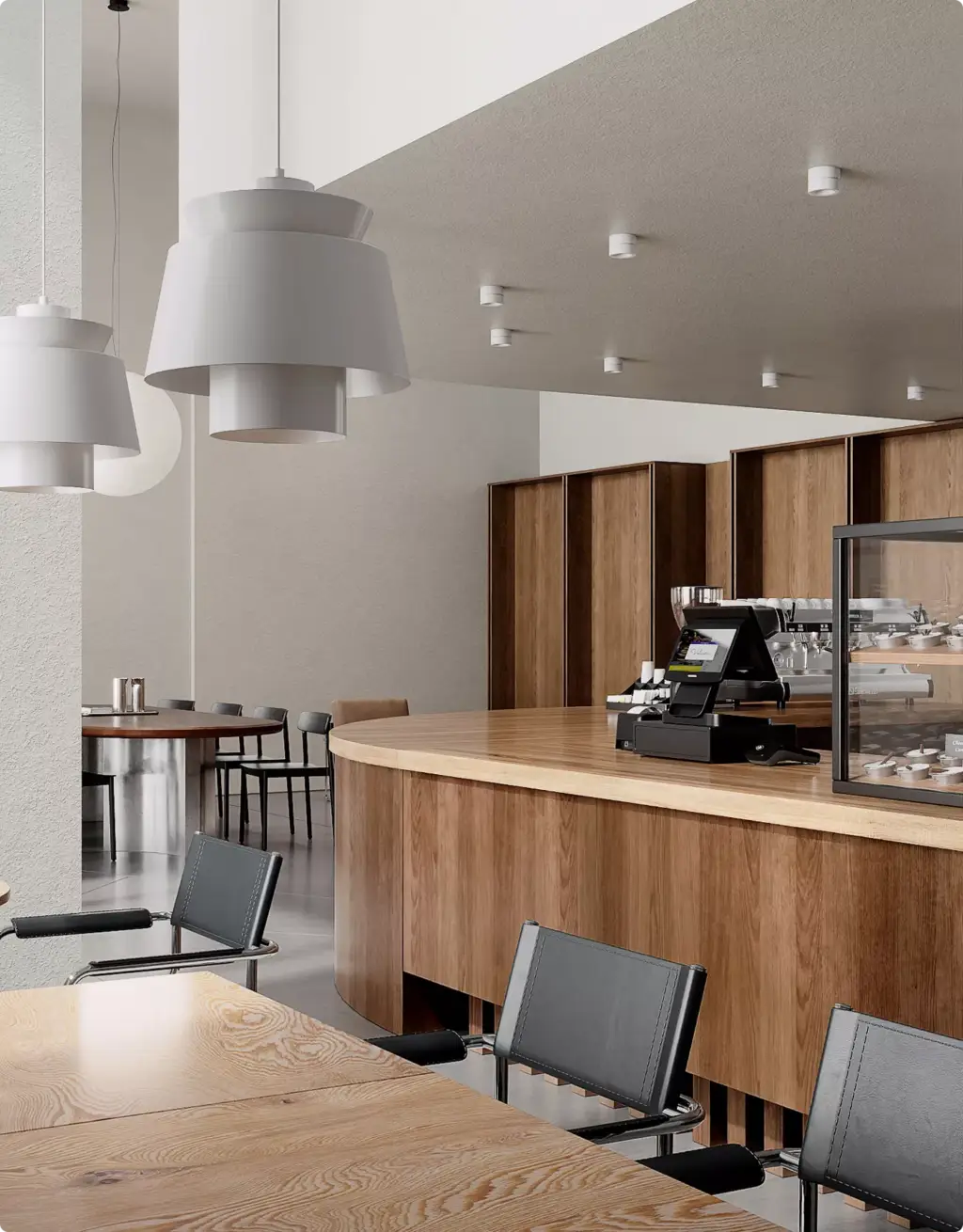 Commercial 3D rendering portfolio showing a modern cafe counter with wood textures and seating