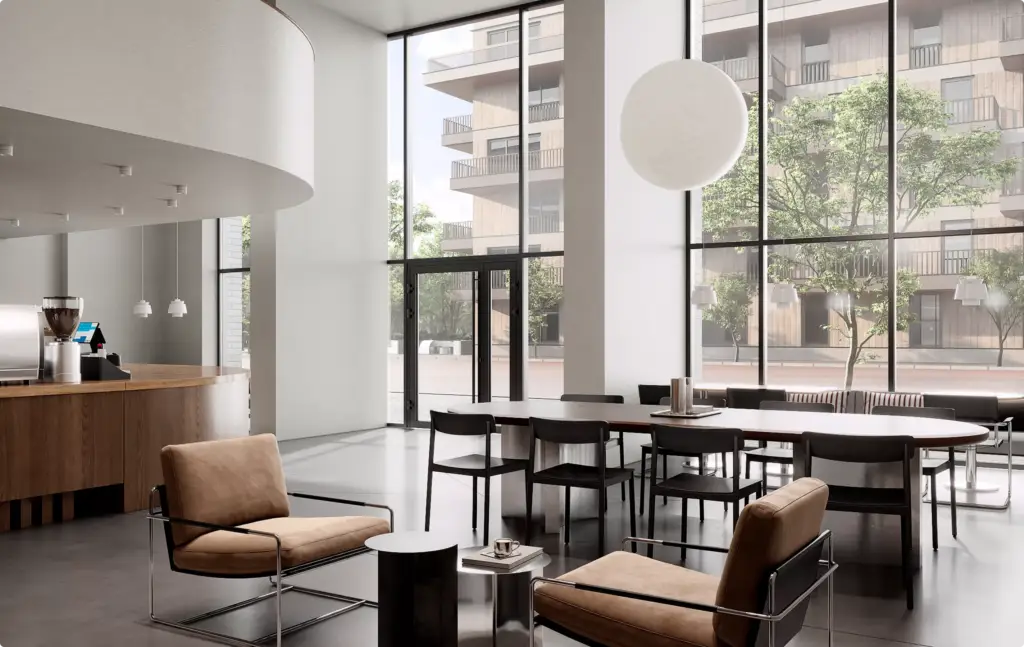 Commercial 3D rendering portfolio showing a bright cafe lounge with tall windows and wood finishes
