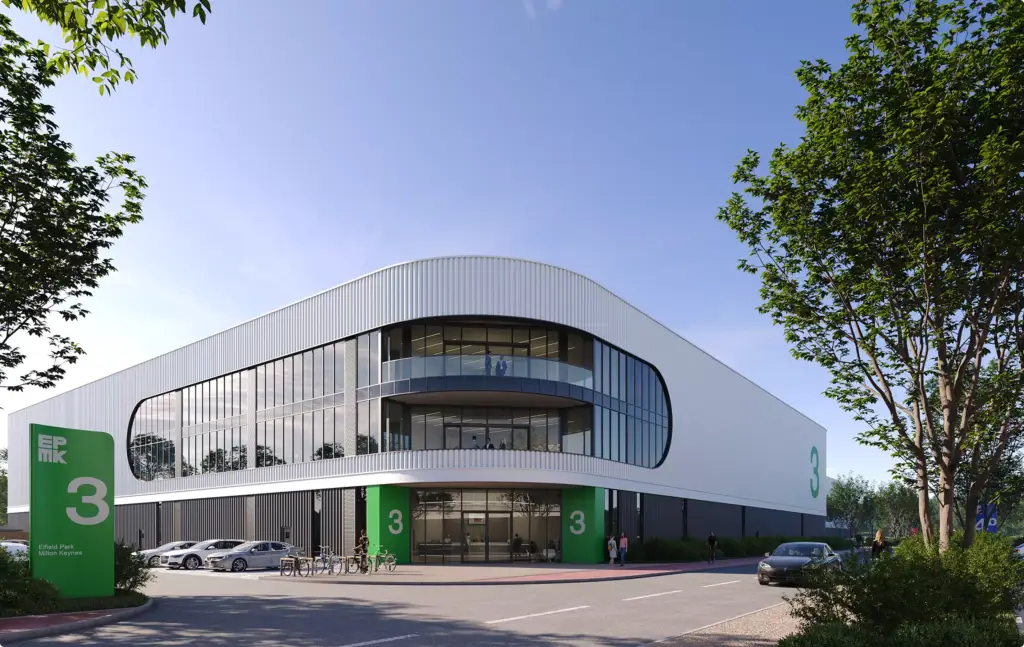 Commercial 3D rendering portfolio of a contemporary commercial building with curved glass corners
