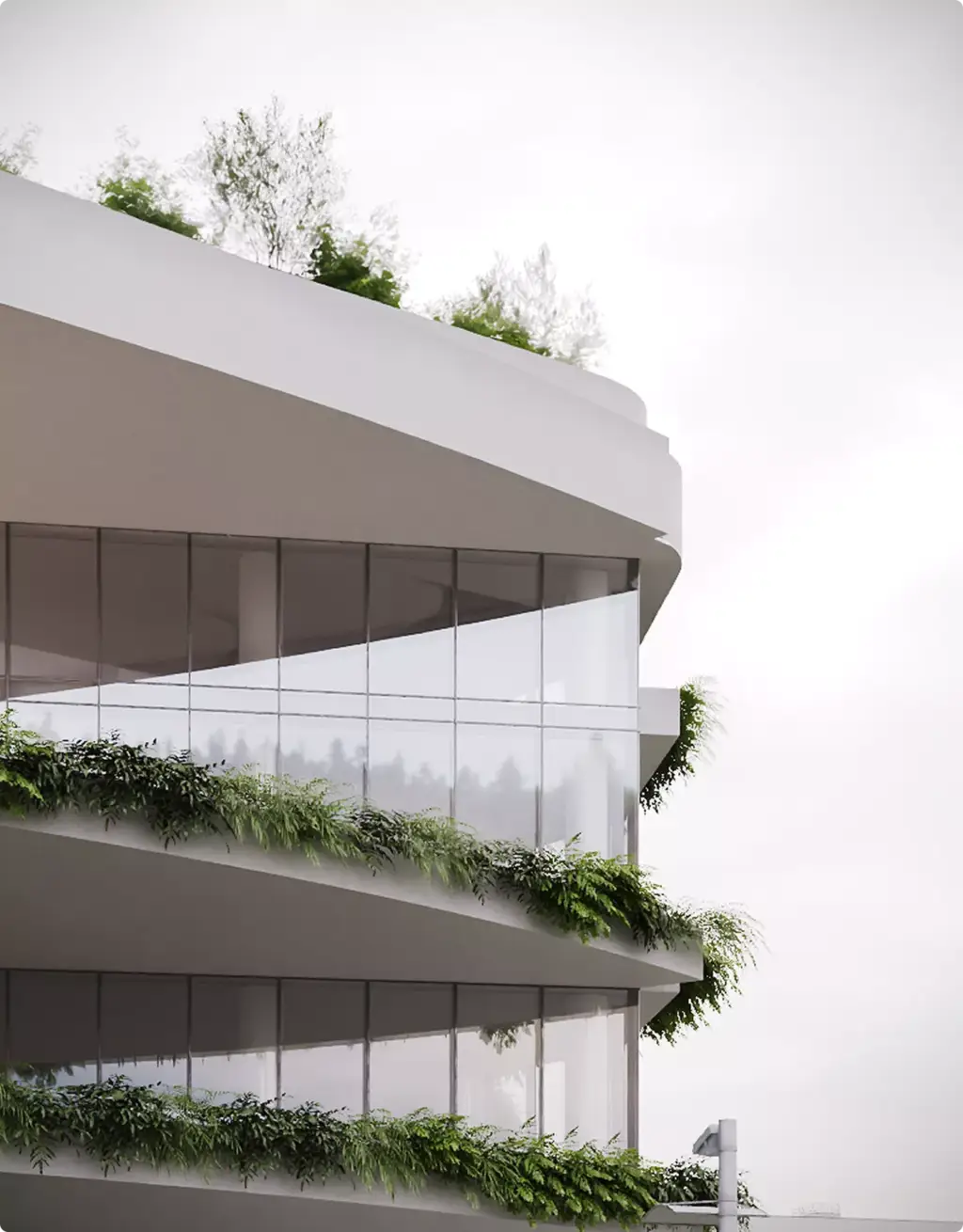 Commercial 3D rendering portfolio of a curved glass facade with layered greenery and rounded balconies