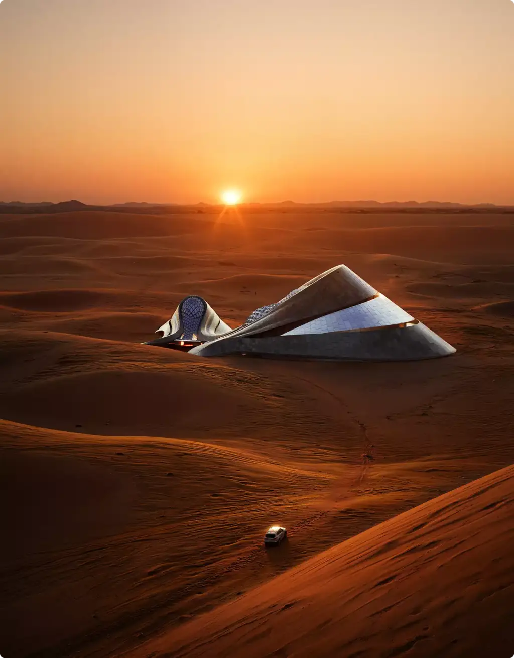 Commercial 3D rendering portfolio of futuristic desert architecture at sunset with sweeping curves