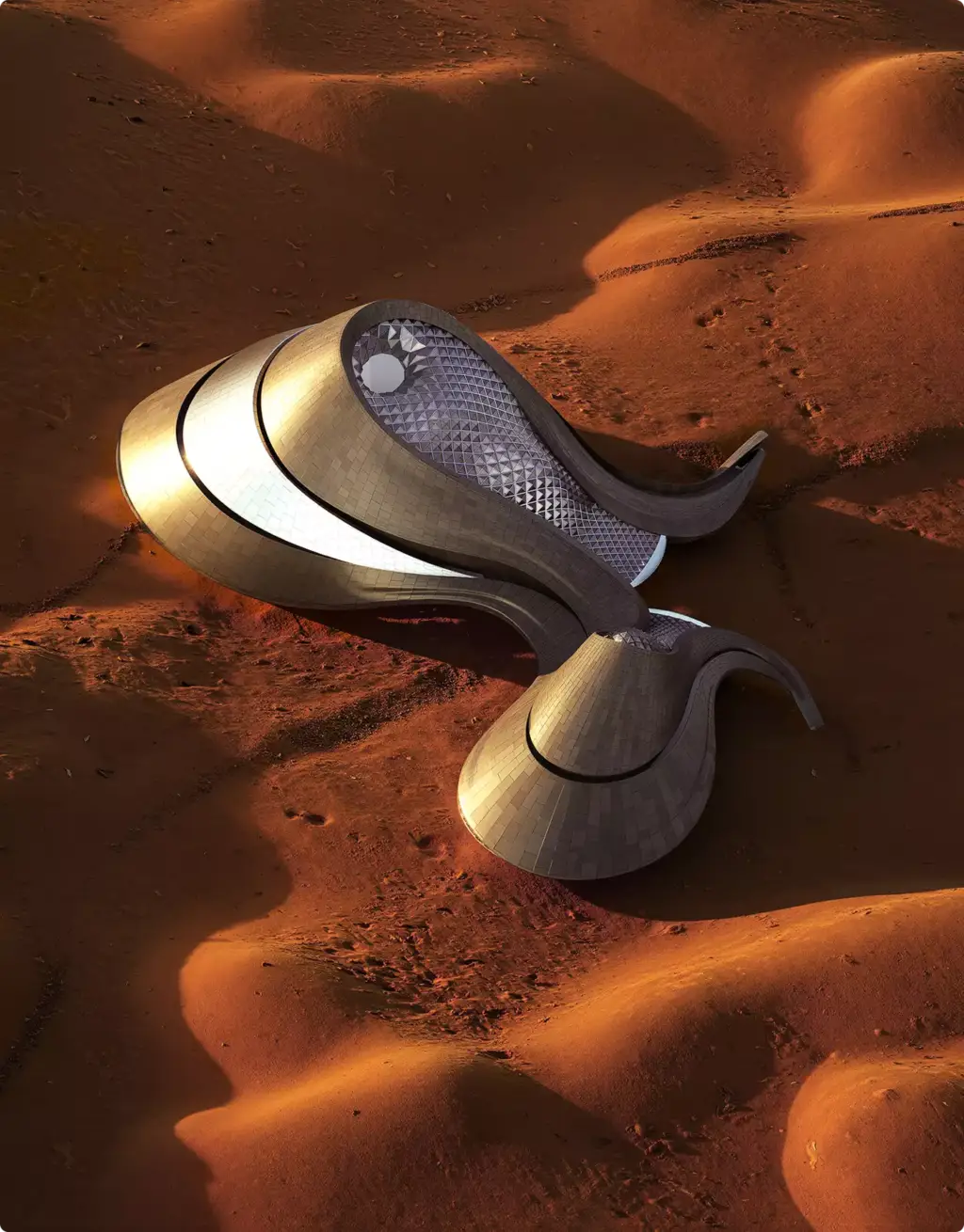 Commercial 3D rendering portfolio featuring a futuristic desert building among red sand dunes