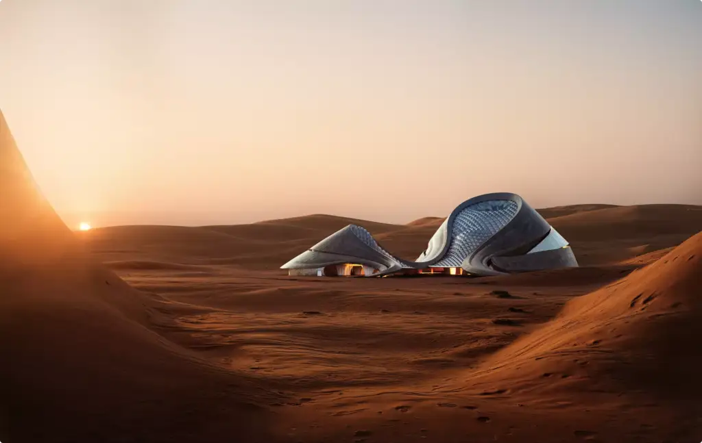Commercial 3D rendering portfolio with a low futuristic complex set in desert dunes at sunrise