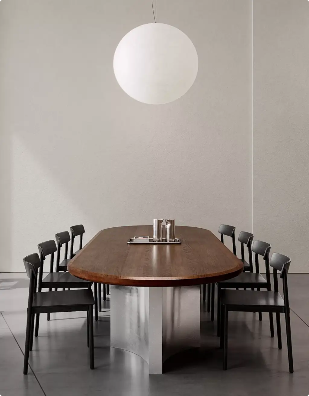 Commercial 3D rendering portfolio with a modern dining table beneath a large globe pendant light