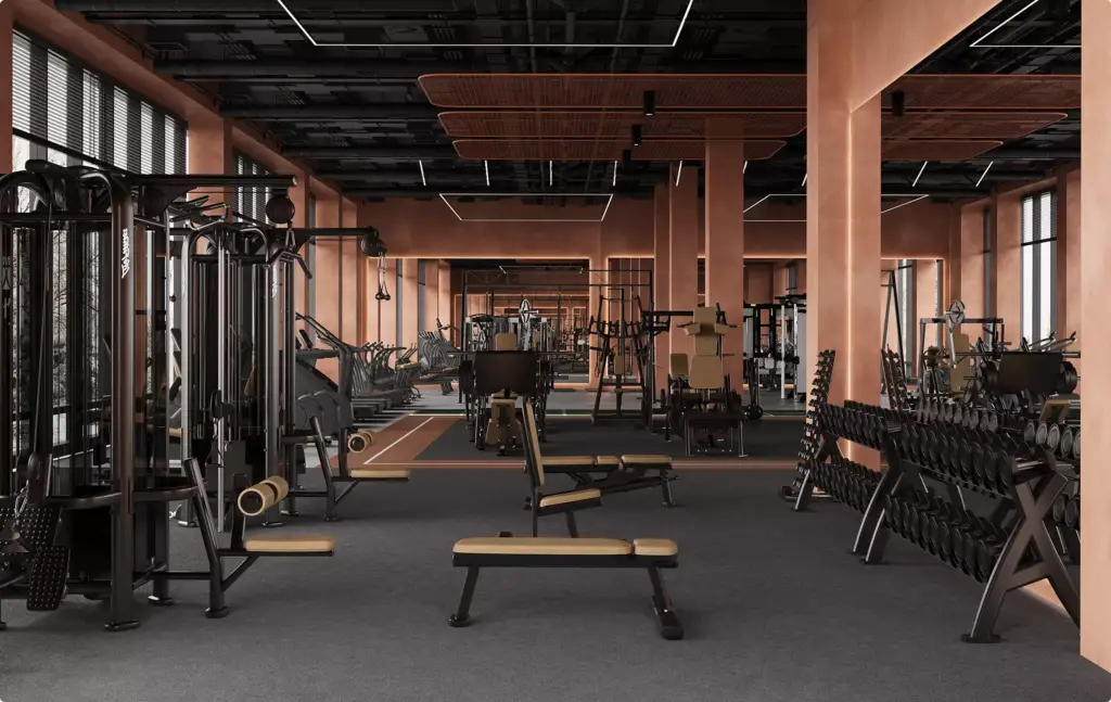 Commercial 3D rendering portfolio of a large fitness center with weights and gym machines