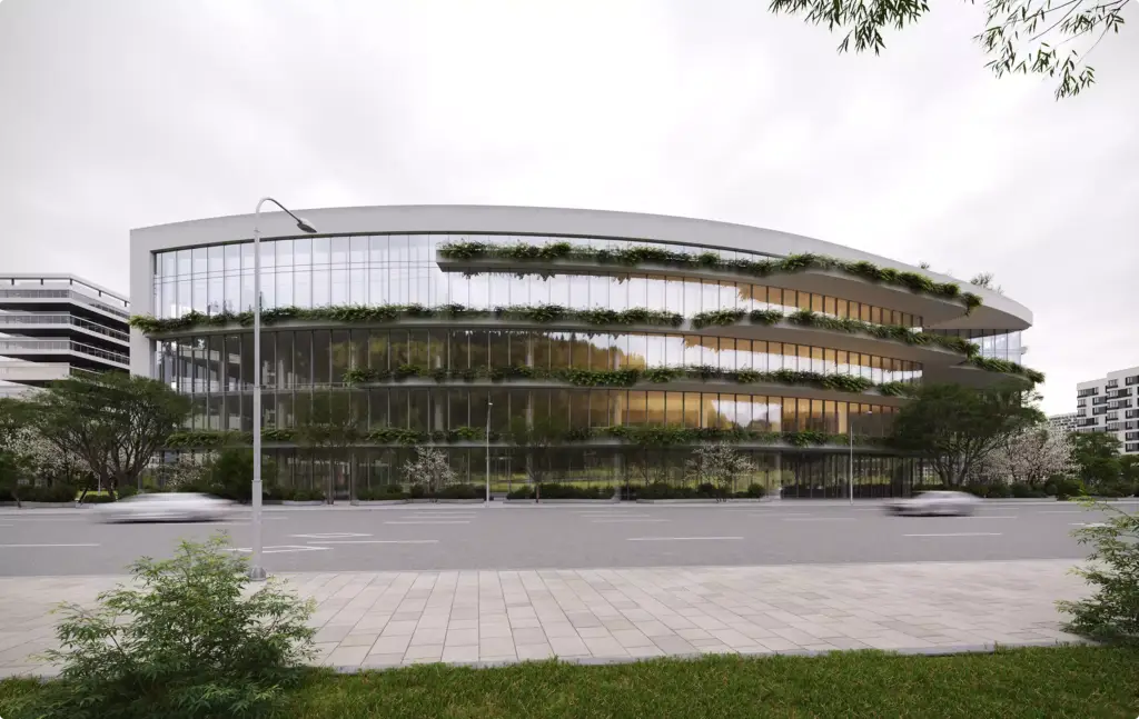 Commercial 3D rendering portfolio of a curved glass office building with layered greenery