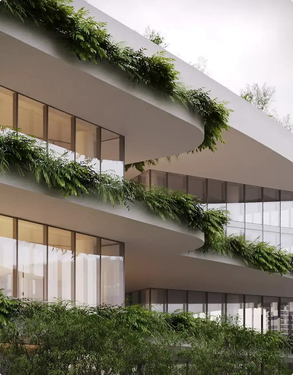Commercial 3D rendering portfolio showing layered balconies with greenery on a modern office facade