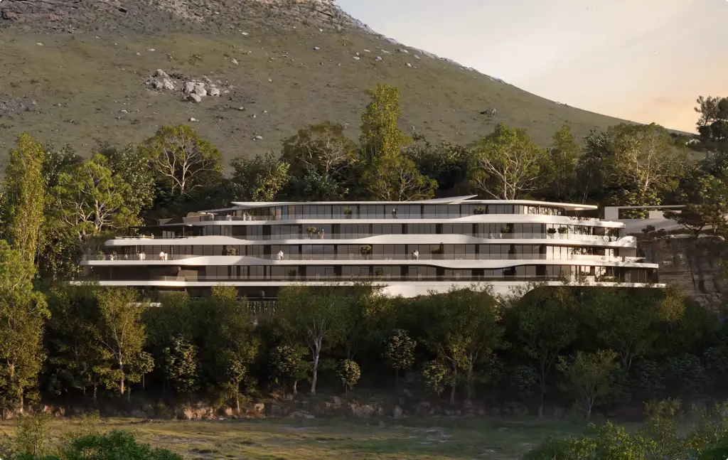 Commercial 3D rendering portfolio showing a terraced hillside residence beneath a mountain slope