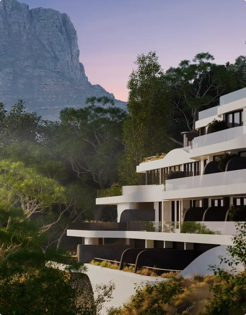 Commercial 3D rendering portfolio of a modern hillside residence framed by trees and mountains