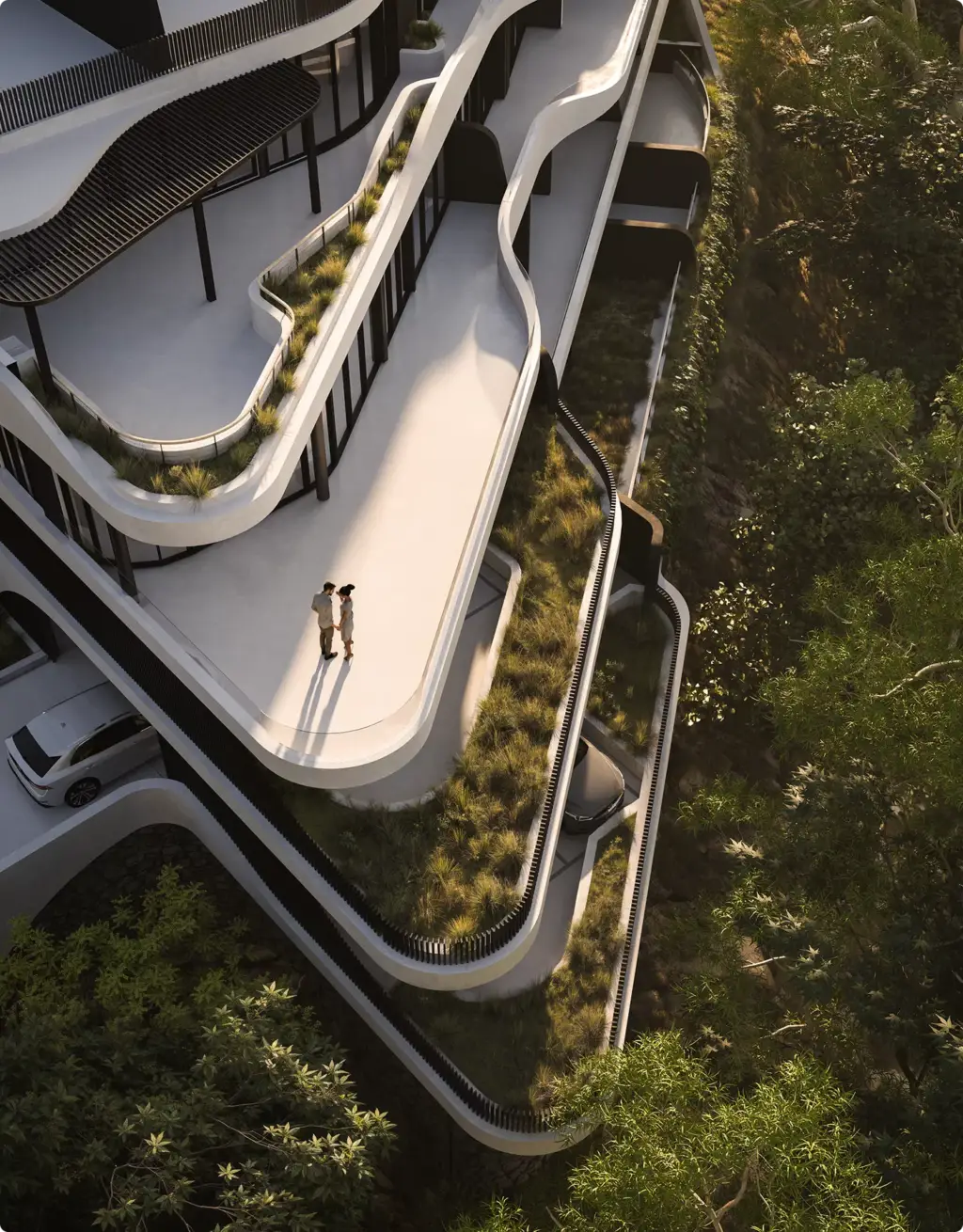Commercial 3D rendering portfolio featuring a sculpted hillside terrace surrounded by greenery