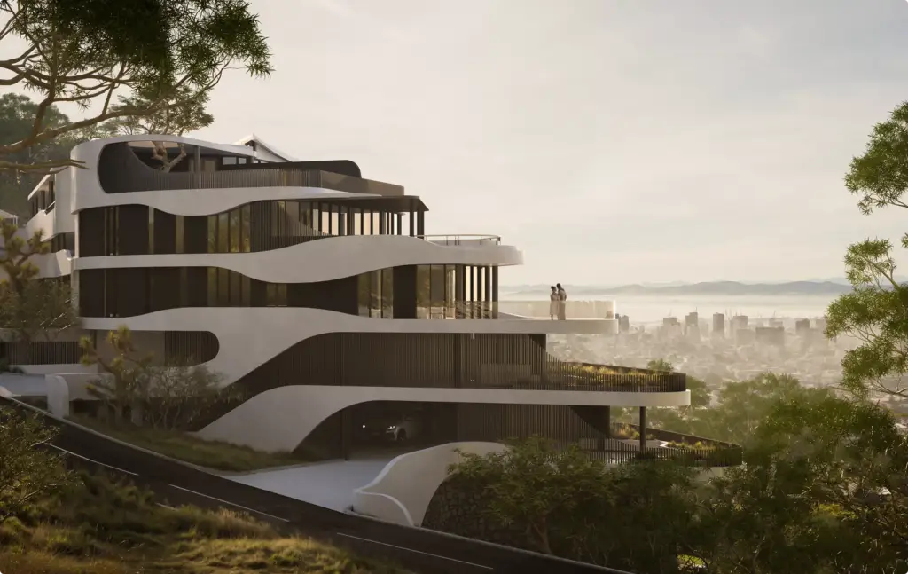 Commercial 3D rendering portfolio of a curved hillside villa overlooking a distant city skyline