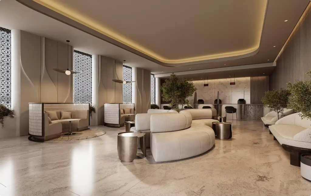 Commercial 3D rendering portfolio featuring a luxury hotel lobby with curved seating and warm lighting