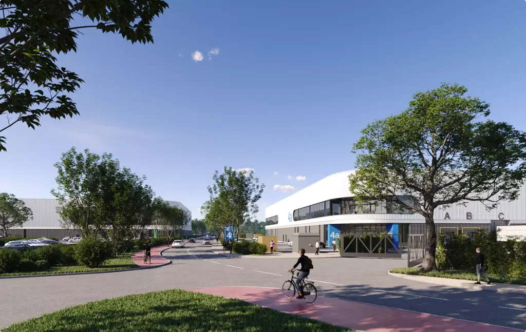 Commercial 3D rendering portfolio featuring a modern industrial campus with cyclists and trees