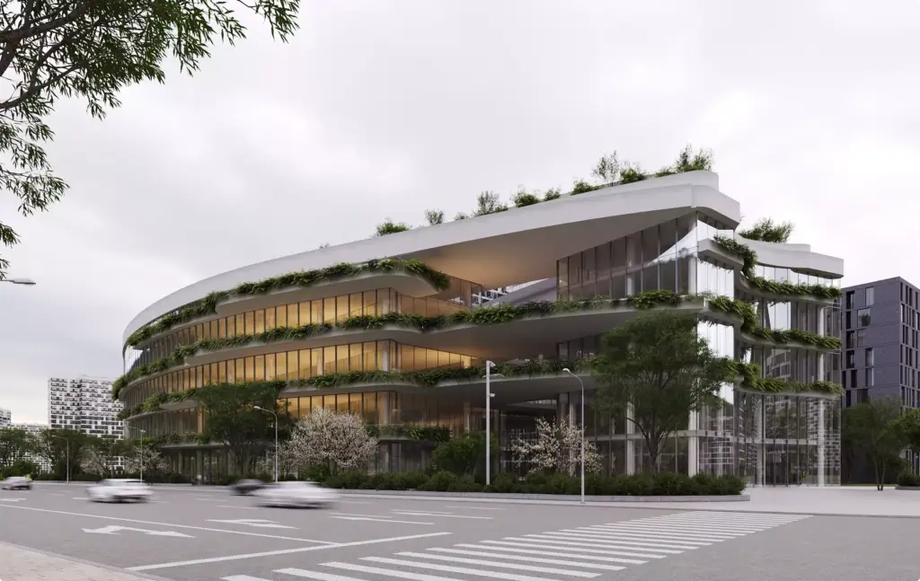 Commercial 3D rendering portfolio featuring a landscaped office building with curved architecture