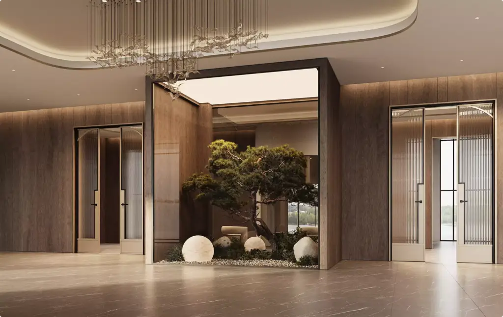 Commercial 3D rendering portfolio of a luxury lobby with wood interiors and indoor zen garden
