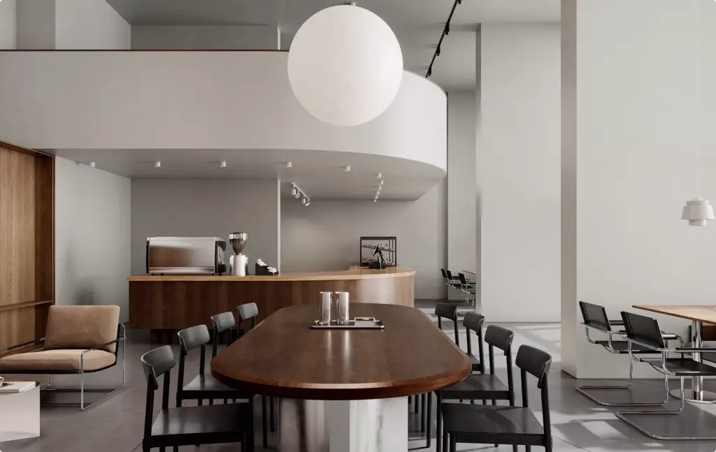Commercial 3D rendering portfolio of a minimalist cafe interior with curved mezzanine seating