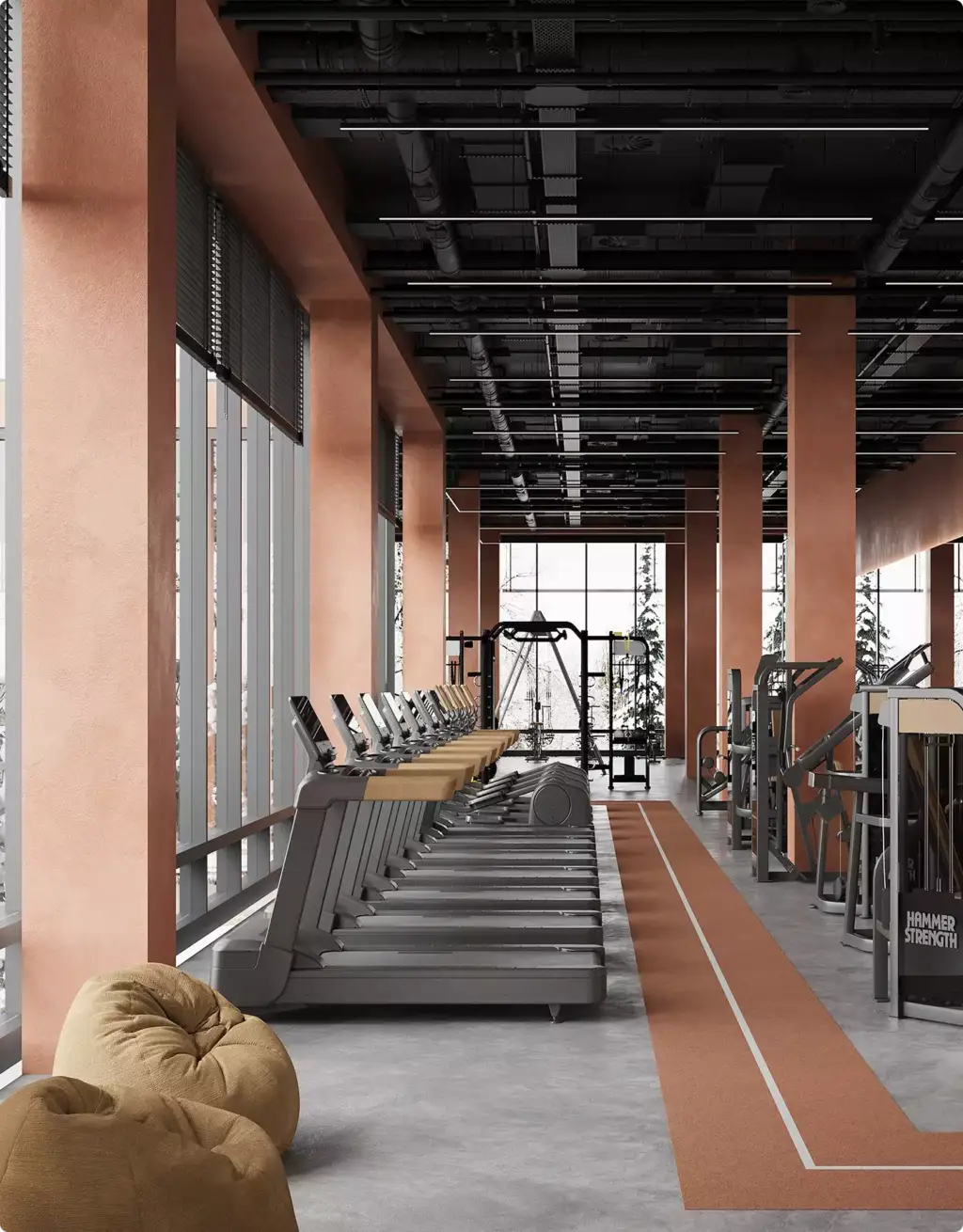 Commercial 3D rendering portfolio of a modern gym interior with treadmills and tall windows