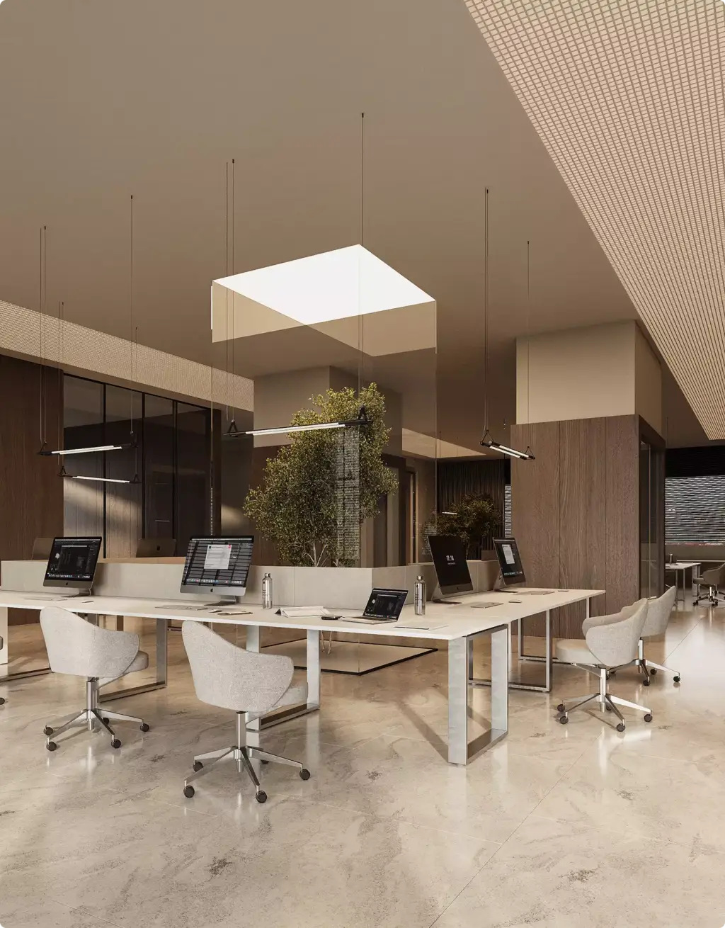 Commercial 3D rendering portfolio of a modern office workspace with suspended lighting and wood finishes