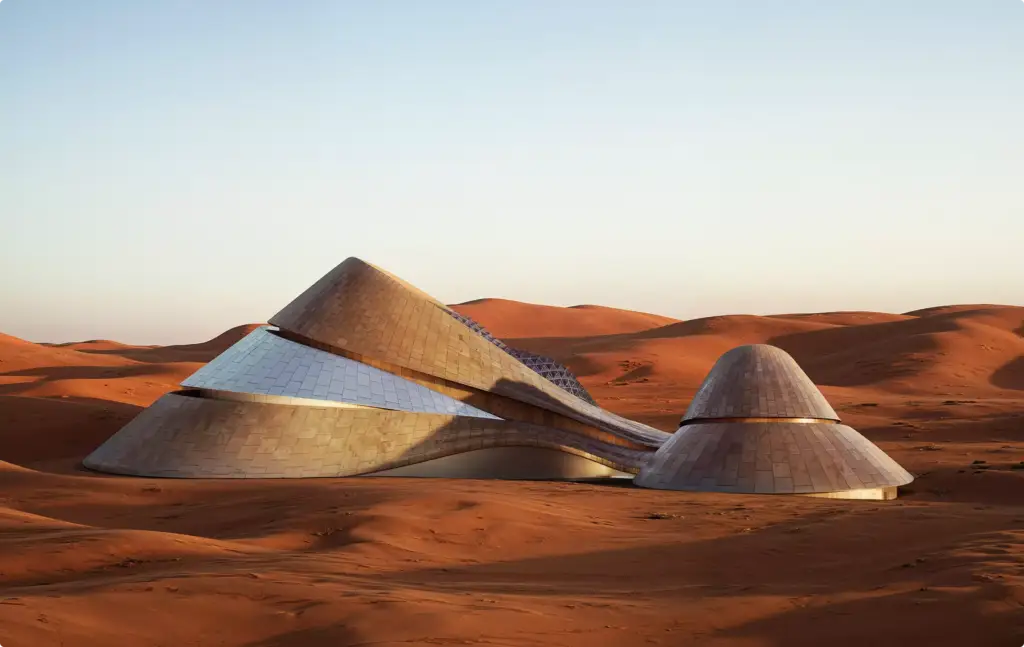 Commercial 3D rendering portfolio showing an organic desert structure rising from sand dunes