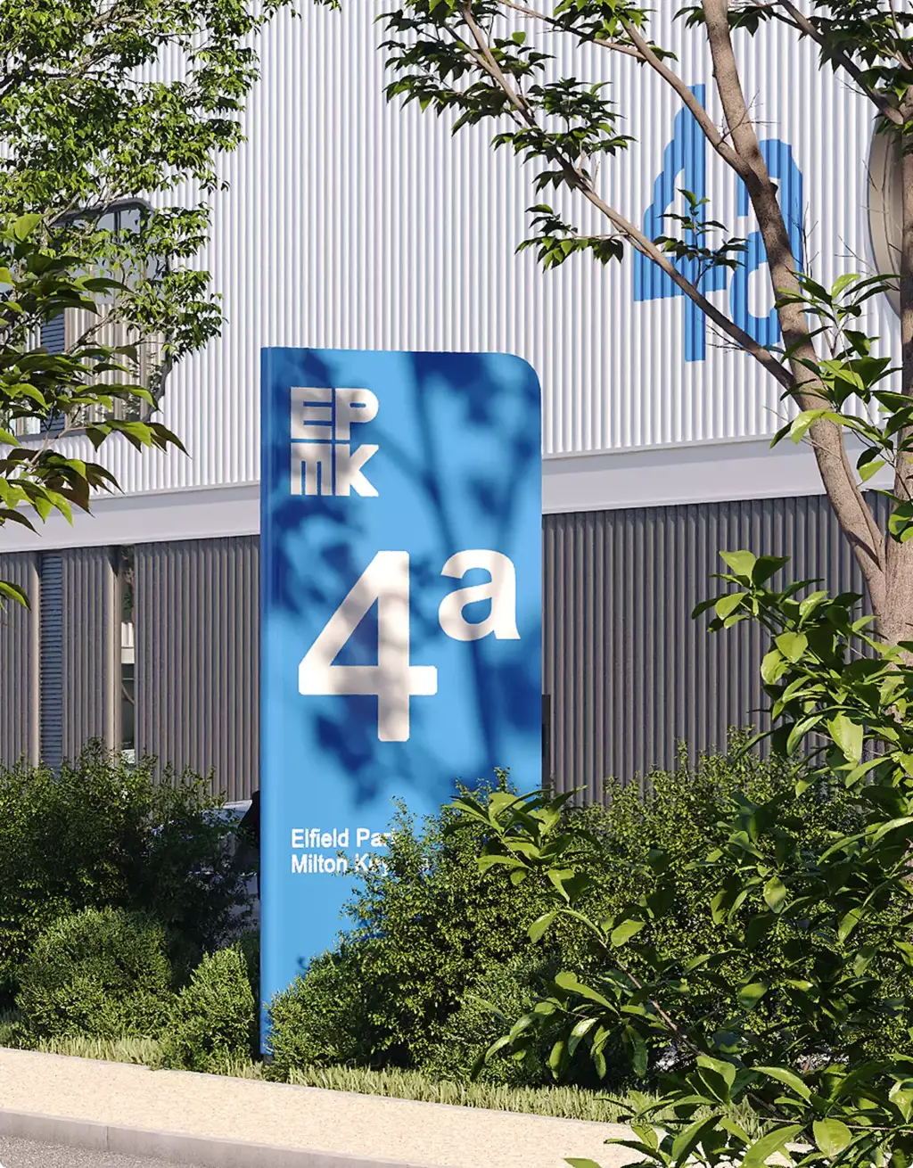 Commercial 3D rendering portfolio featuring blue wayfinding signage beside landscaped commercial buildings