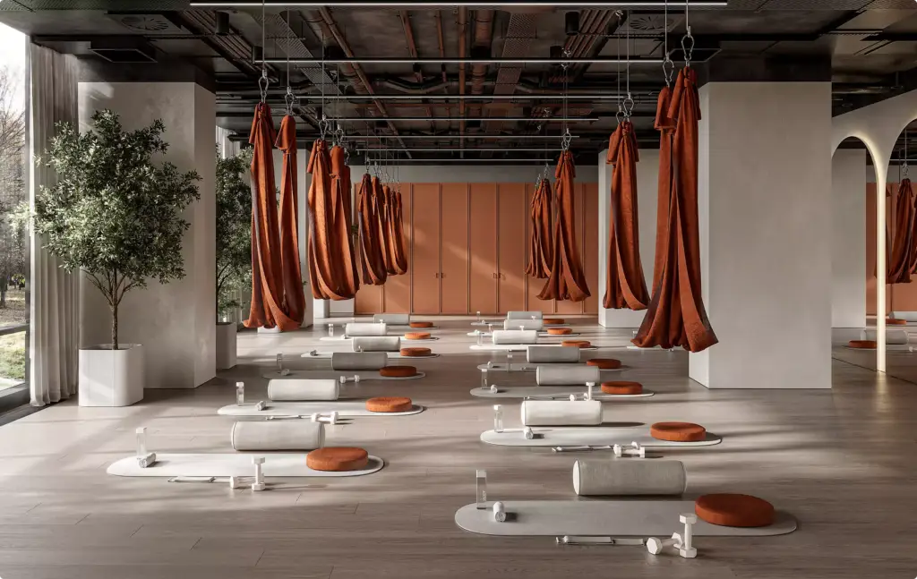 Commercial 3D rendering portfolio of a modern wellness studio with suspended fabric hammocks