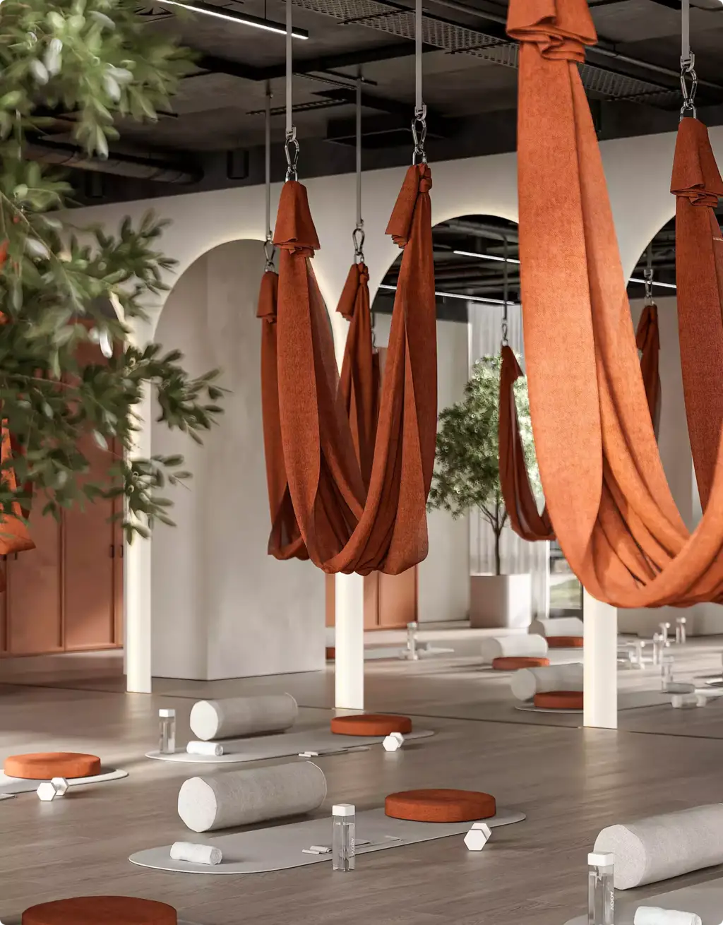 Commercial 3D rendering portfolio showing an aerial yoga studio with suspended hammocks