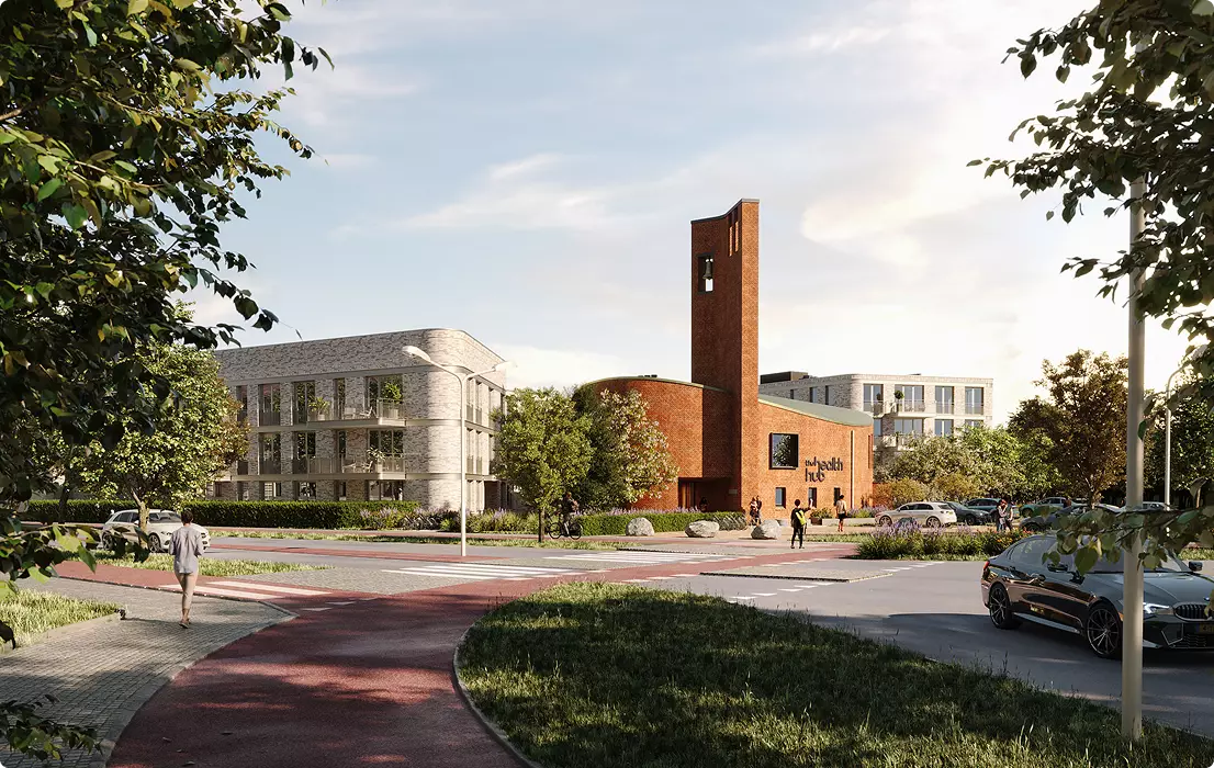 Commercial 3D rendering urban street with brick building, tower, pedestrians, cars, landscaped surroundings
