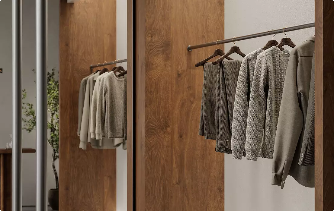 Commercial 3D rendering wardrobe interior with hanging clothes, wooden panels, mirror reflection detail