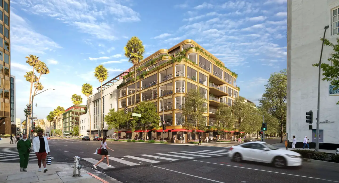 Best 3D Rendering Companies in the USA for Architectural Visualization & Real Estate in 2026 Corner commercial building street view, 3D rendering company USA, palm trees and pedestrians